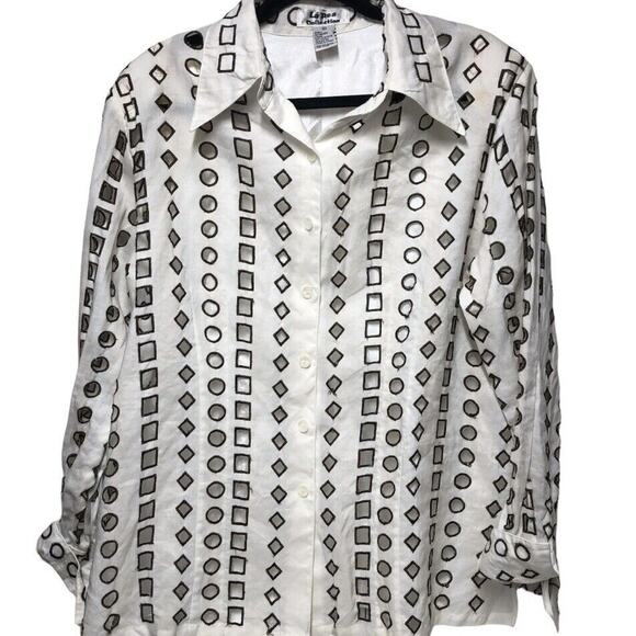 La Rea Collection White Brown Shoulders Pads Shirt Womens top 100%‎ Linen XLarge - Picture 1 of 12